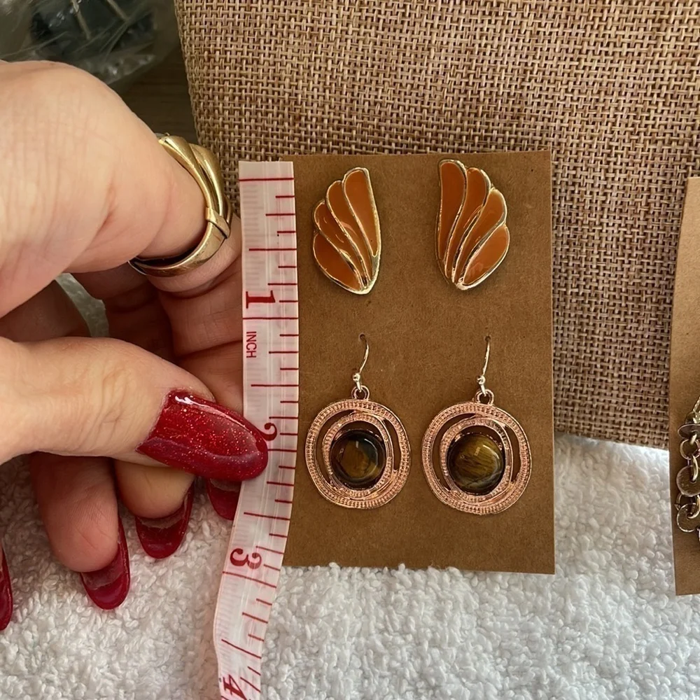 3 pair modern vintage retro tigers eye semi precious stone gold and silver tone